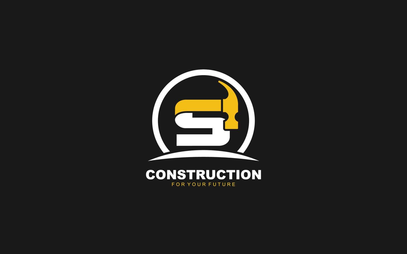 S logo construction vector for woodworking company. initial letter hammer template vector illustration for your brand.