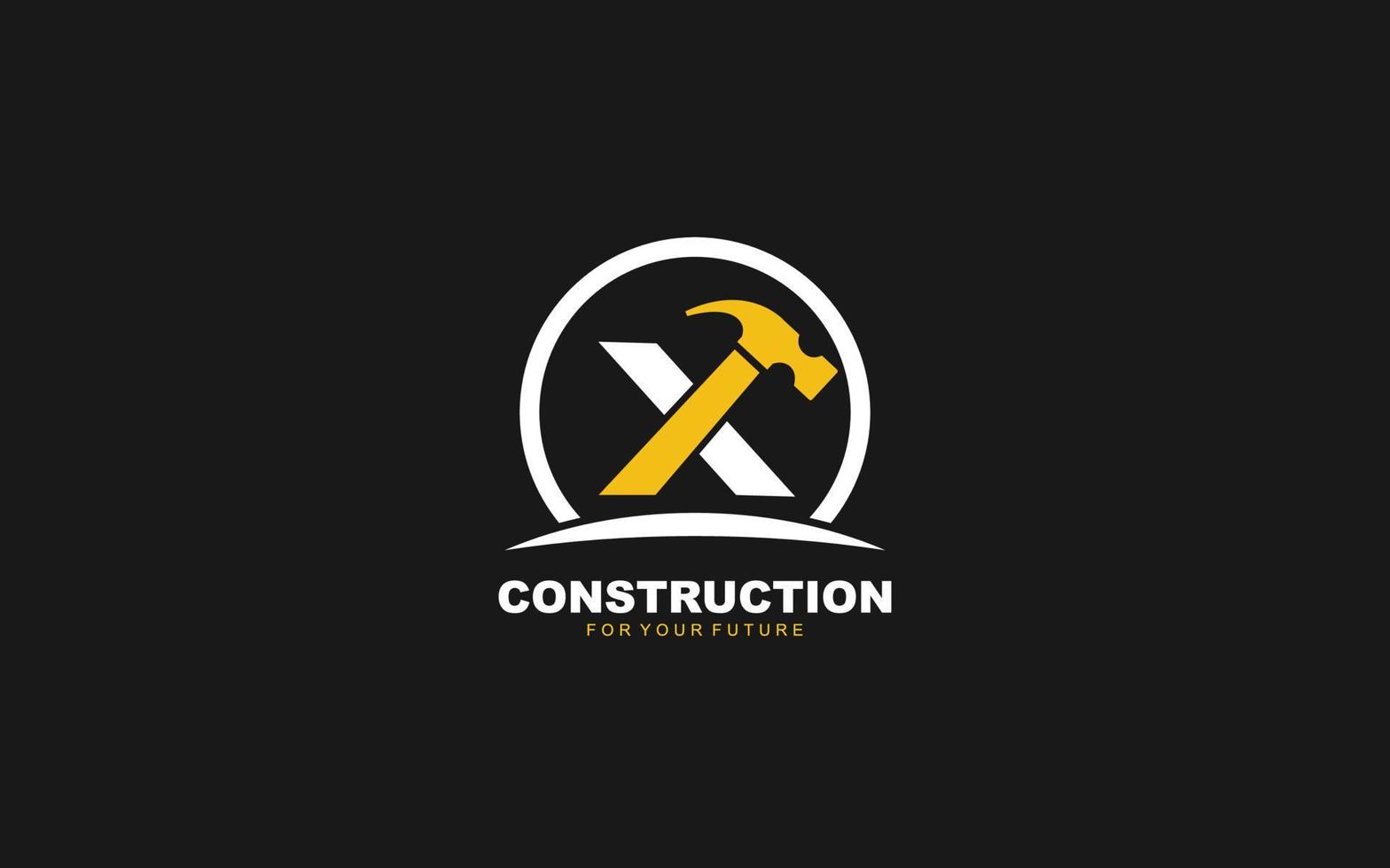 x vector de construcción de logotipo para empresa de carpintería. ilustración de vector de plantilla de martillo de letra inicial para su marca.