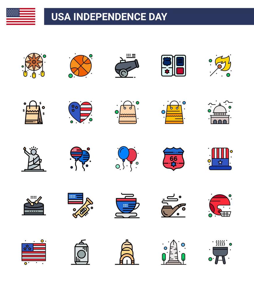 Happy Independence Day 4th July Set of 25 Flat Filled Lines American Pictograph of fire star big gun american book Editable USA Day Vector Design Elements