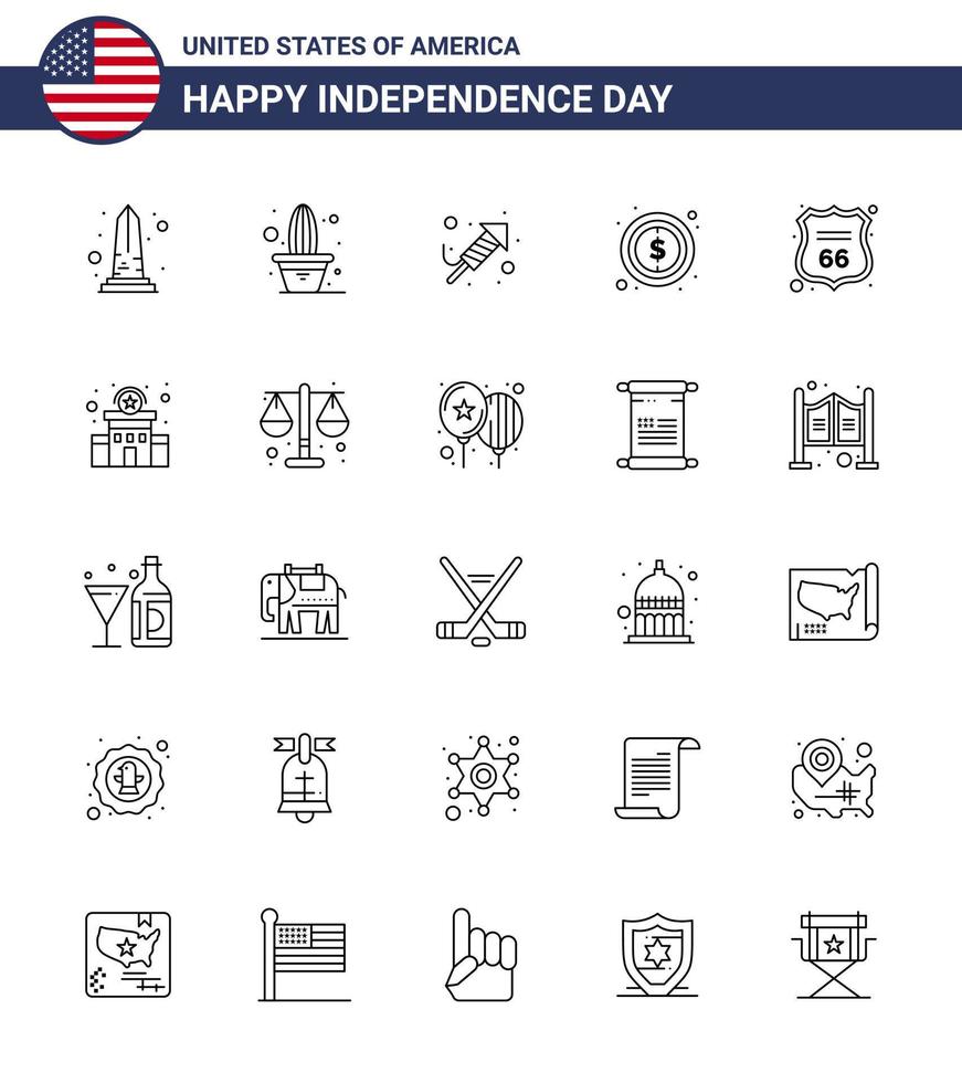 Stock Vector Icon Pack of American Day 25 Line Signs and Symbols for security dollar pot money day Editable USA Day Vector Design Elements