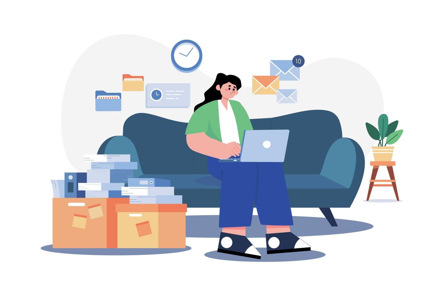 Woman Employee Working From Home While Seating On The Couch vector