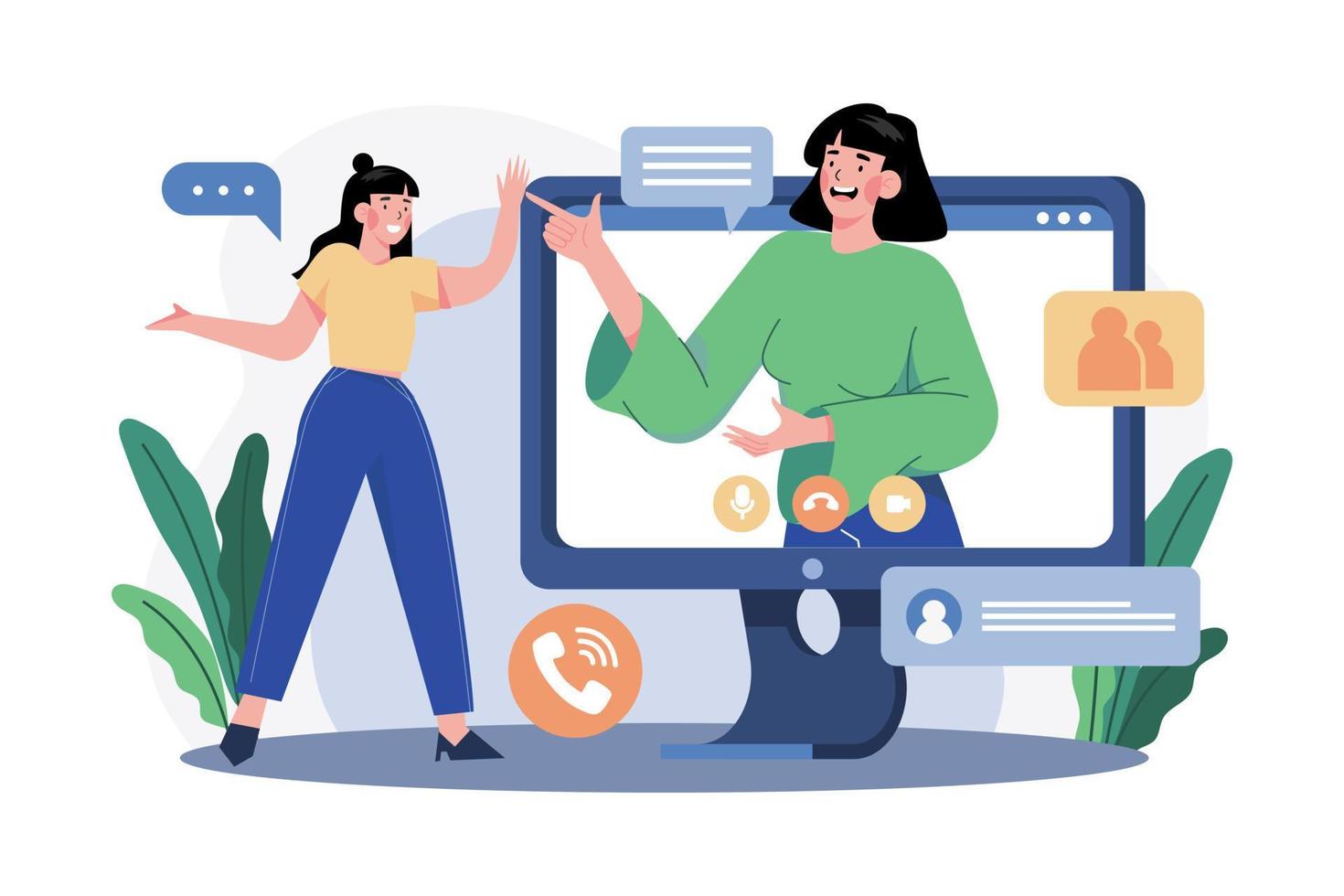 Girl Chatting On A Video Call With Friends vector
