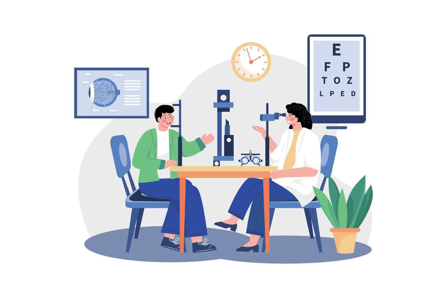 oftalmólogo femenino revisando la vista de los pacientes vector