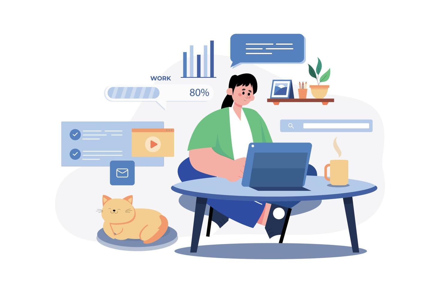 Woman Working At Home Illustration concept. A flat illustration isolated on white background vector