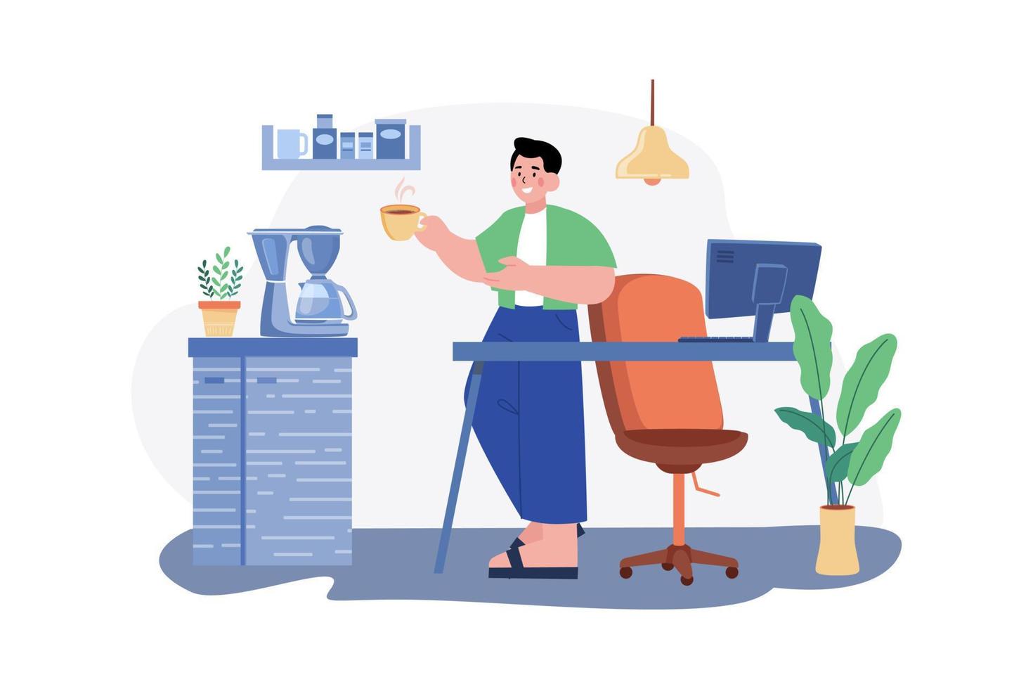 Employee Drinking Coffee While Working From Home vector