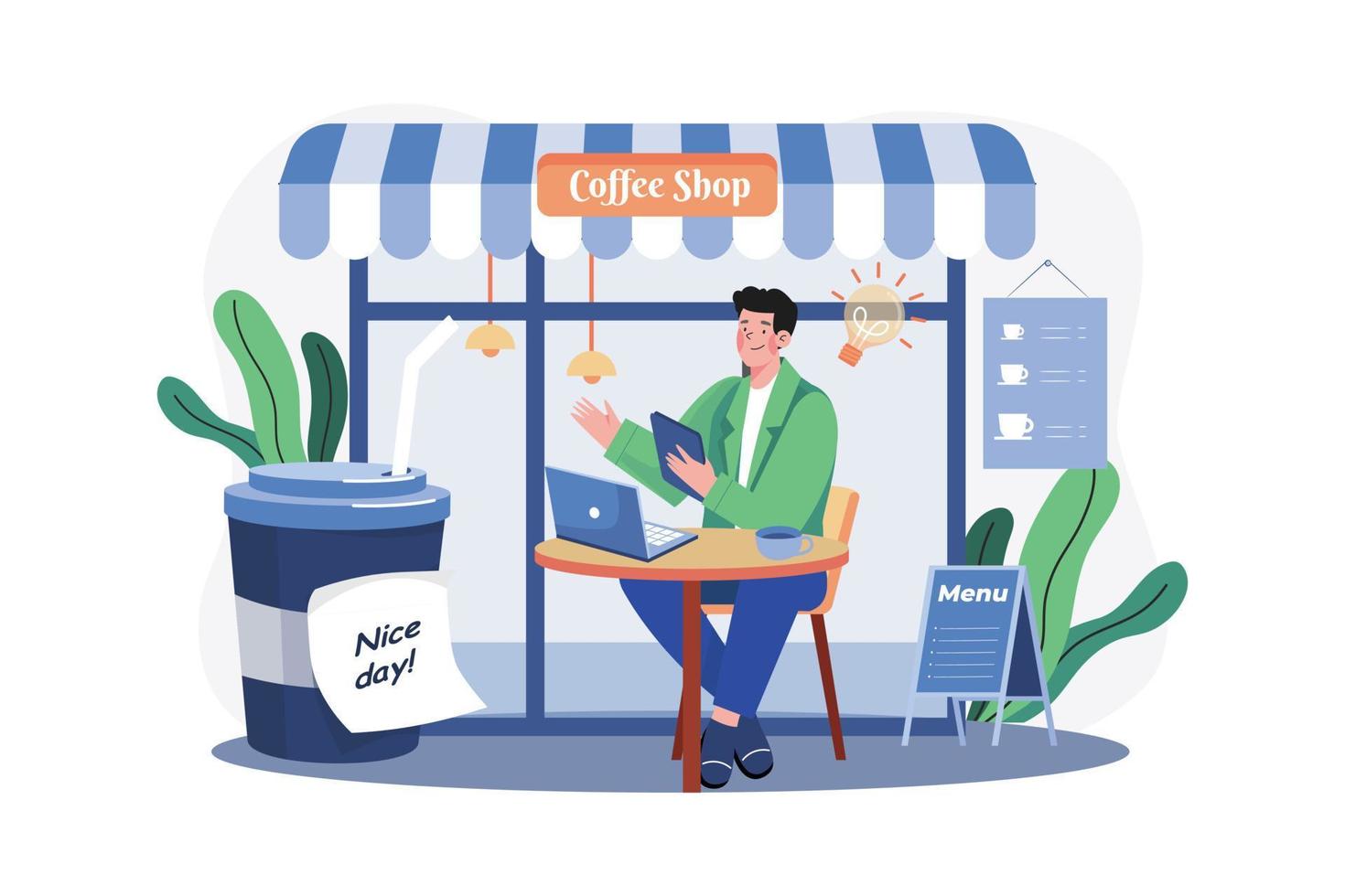 Man Working From A Cafe Illustration concept. A flat illustration isolated on white background vector