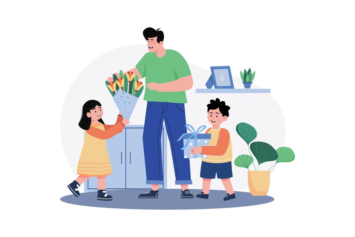 Son And Daughter Are Giving Gifts And Flowers To Father On Fathers Day vector