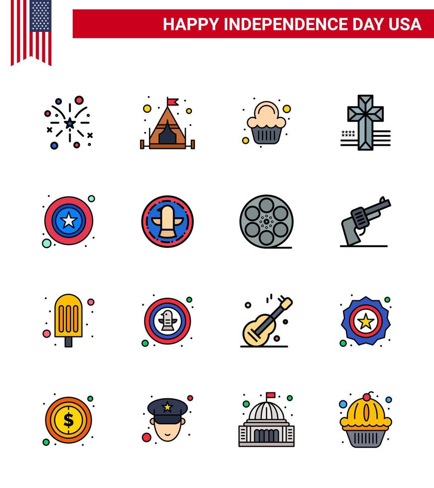 USA Independence Day Flat Filled Line Set of 16 USA Pictograms of sign police party men cross Editable USA Day Vector Design Elements