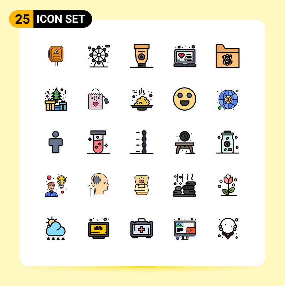 grupo de 25 colores planos de líneas llenas modernas para tratamiento de equipos de átomos de ciencia elementos de diseño de vectores editables médicos