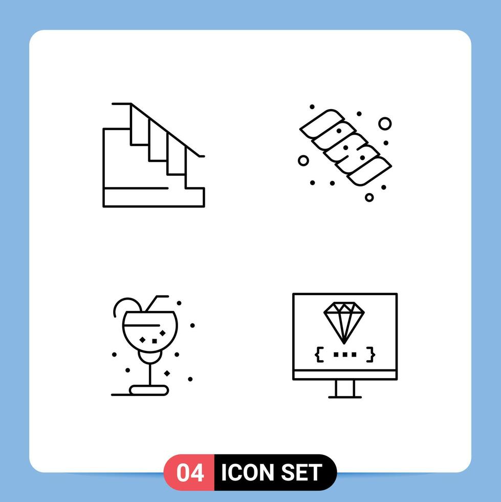 Stock Vector Icon Pack of 4 Line Signs and Symbols for construction glass stair marshmallow straw Editable Vector Design Elements