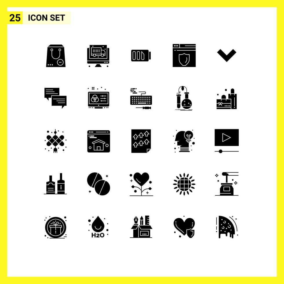 Solid Glyph Pack of 25 Universal Symbols of back arrow charge shield web server Editable Vector Design Elements