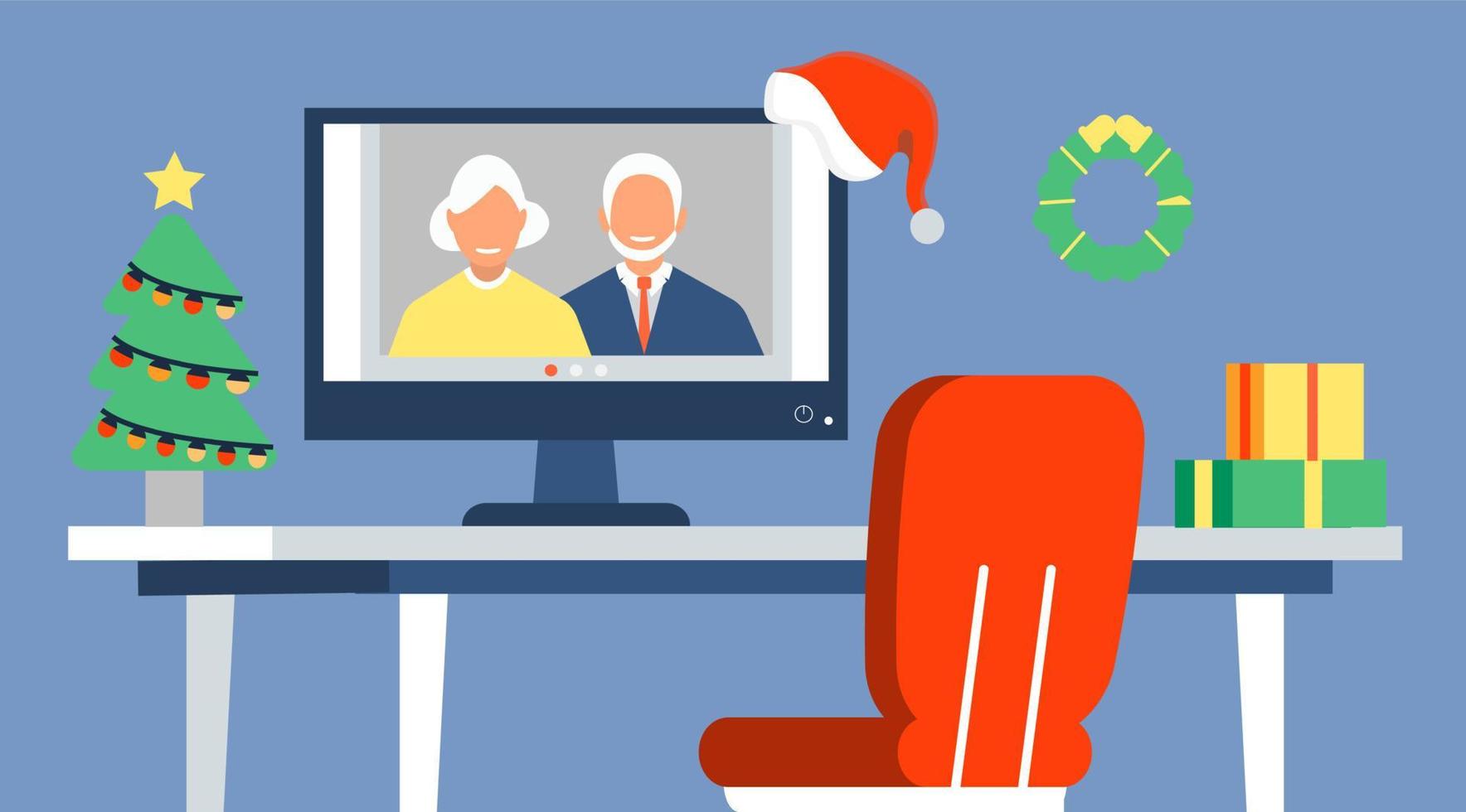 Christmas greetings online in quarantine, social distancing. Invitation in zoom, video call. Xmas tree on the table. Happy family concep vector