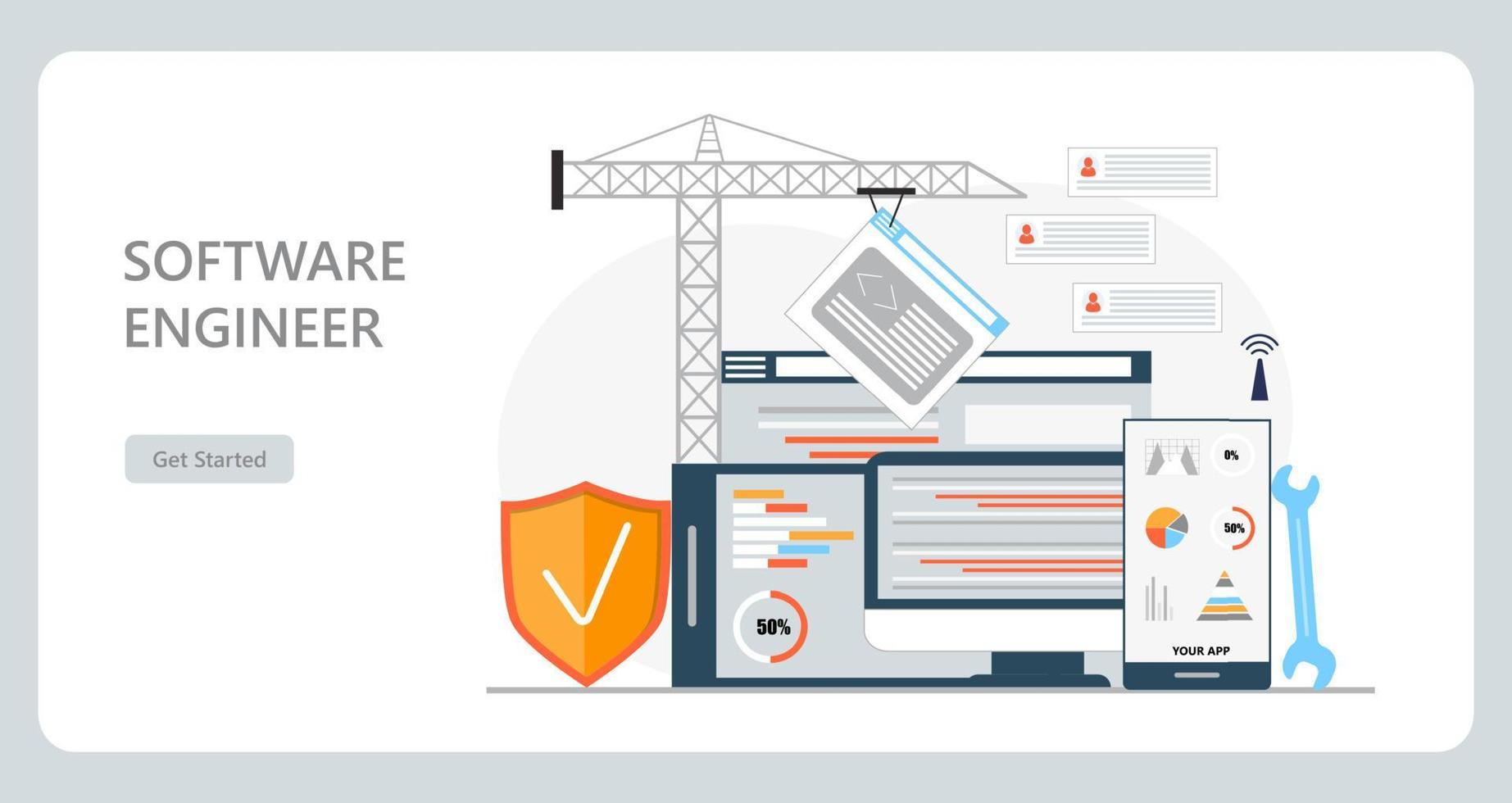 vector de concepto de lugar de trabajo de desarrollador web para página de destino. construcción de sitio web y escribe código. ingeniería de software en tecnología digital o ai.