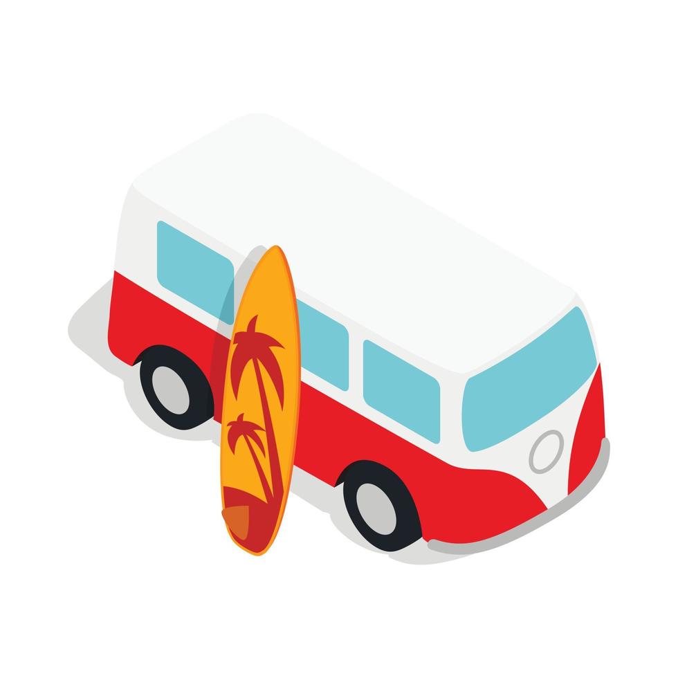 autobús rojo retro con icono de tabla de surf amarilla vector