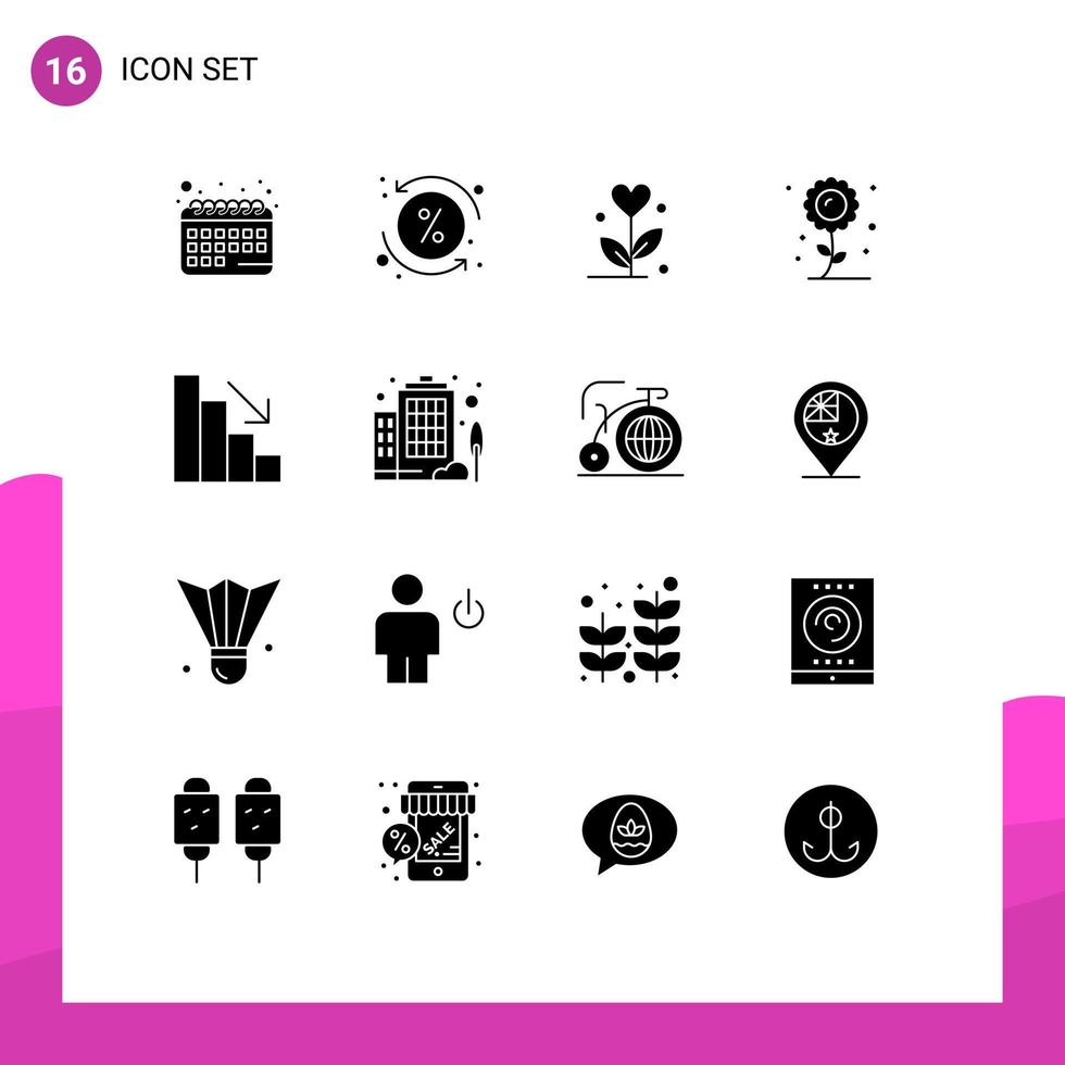 Editable Vector Line Pack of 16 Simple Solid Glyphs of fall analytics flower sunflower flower Editable Vector Design Elements