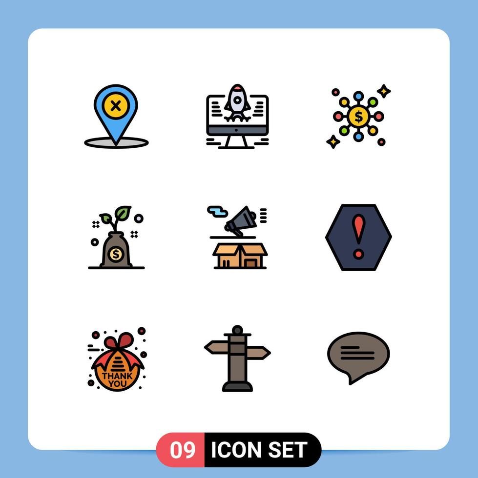 Group of 9 Filledline Flat Colors Signs and Symbols for open megaphone share announcement investment Editable Vector Design Elements