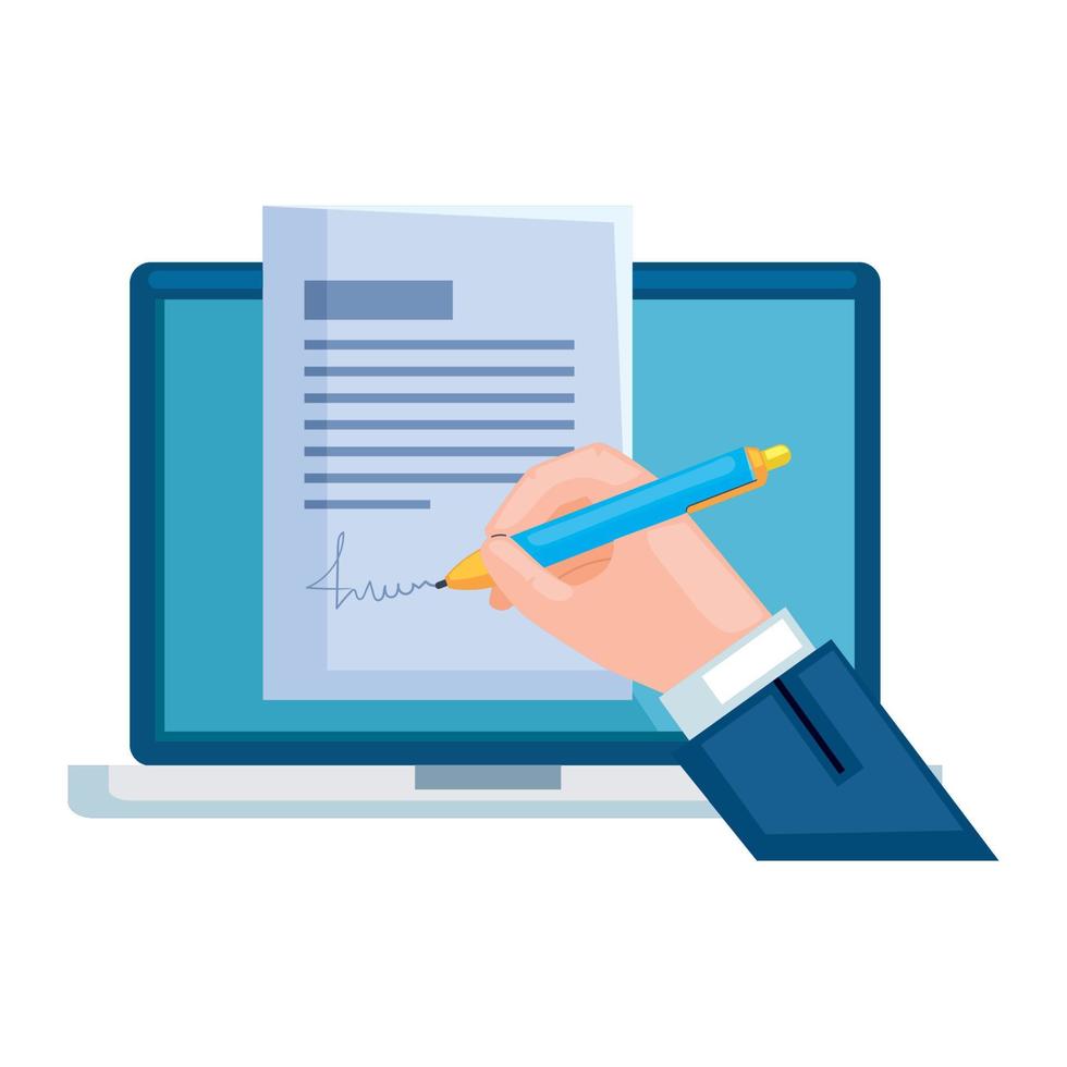 hand signing contract in laptop vector