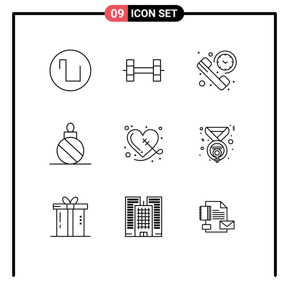 Pictogram Set of 9 Simple Outlines of sewing heart summary broken christmas ball Editable Vector Design Elements