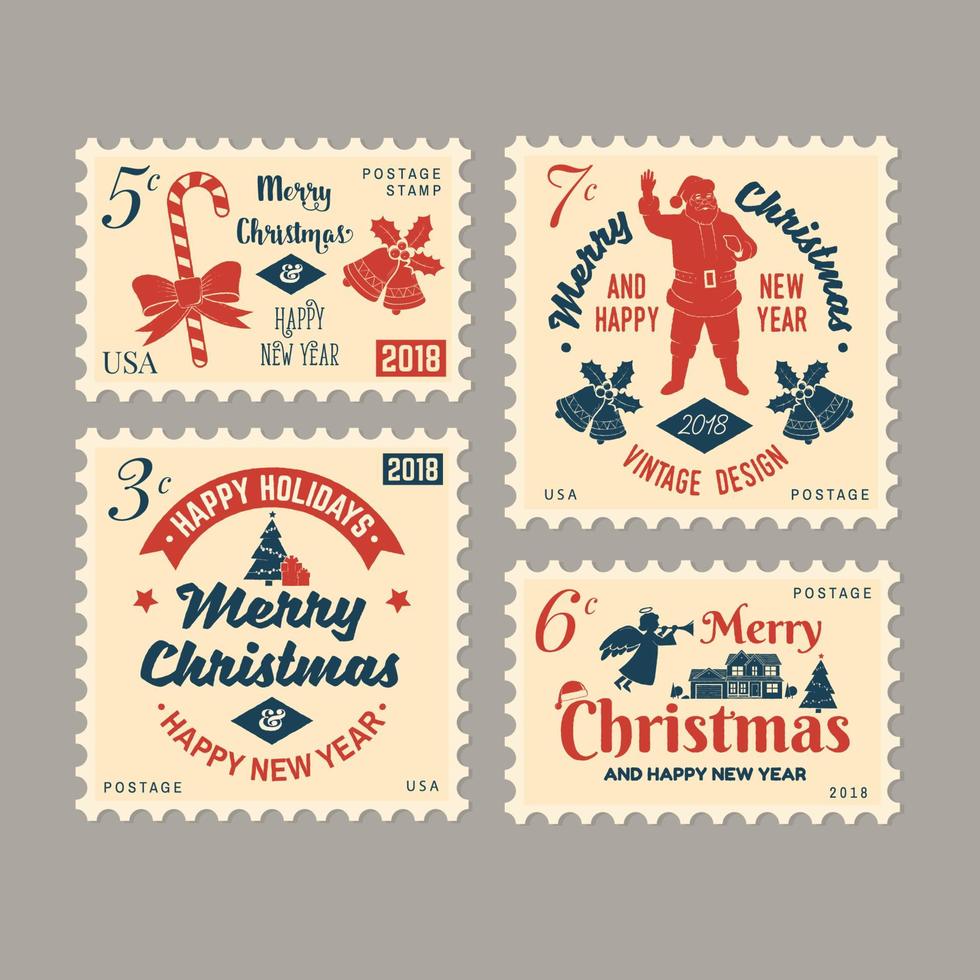 Merry Christmas and Happy New Year 2018 retro postage stamp with Santa Claus, vector