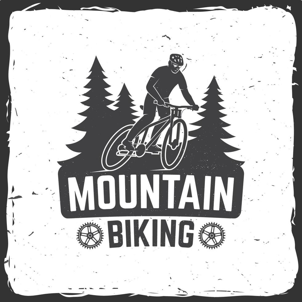 Vintage typography design with man riding bike and forest silhouette. vector