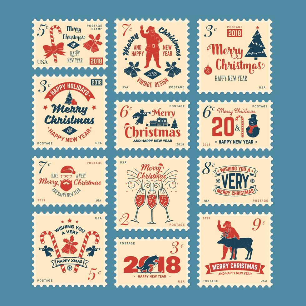 Merry Christmas and Happy New Year 2018 retro postage stamp with Santa Claus, vector