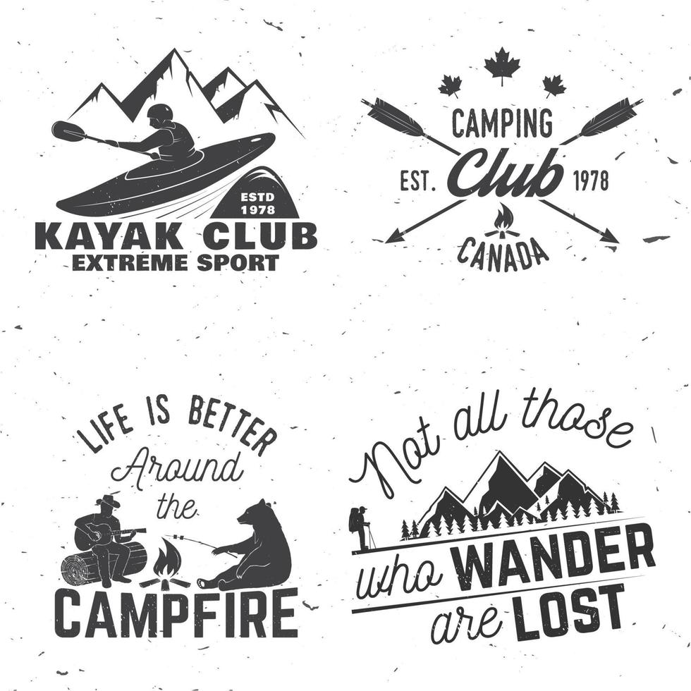 conjunto de insignias del club de kayak, camping y caravanas. vector