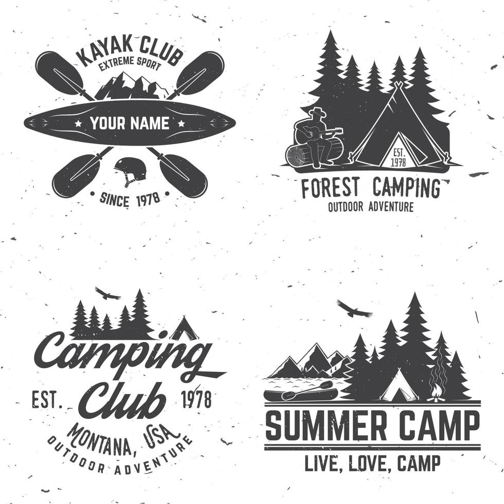 Set of kayak, camping and caravanning club badge. vector