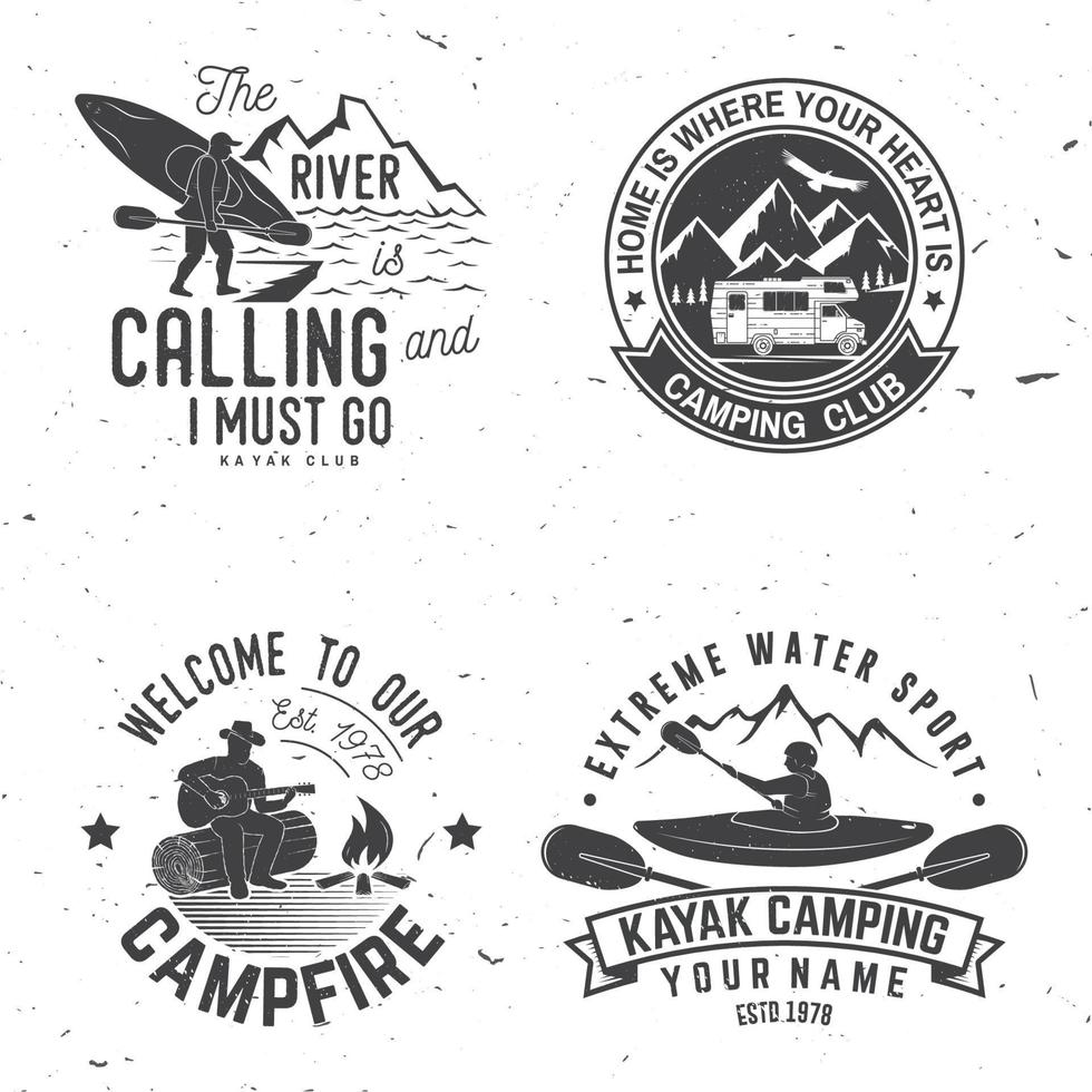 conjunto de insignias del club de kayak, camping y caravanas. vector