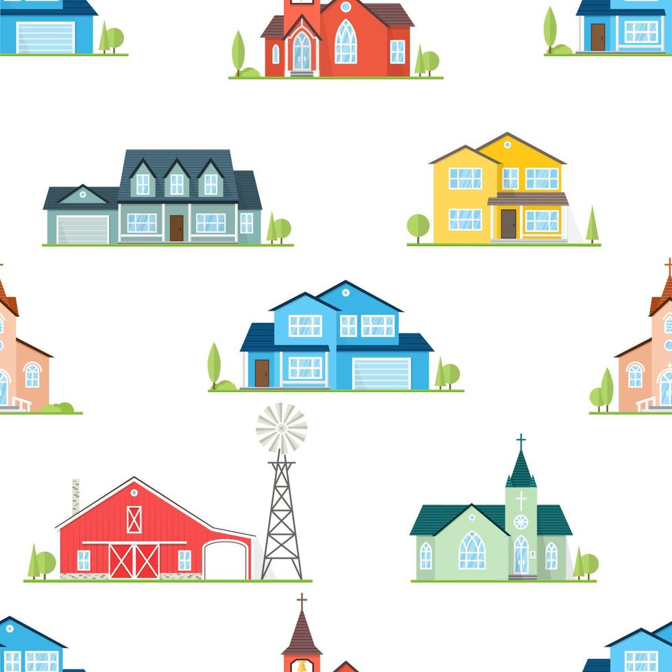 American houses, churches and farm seamless pattern. vector