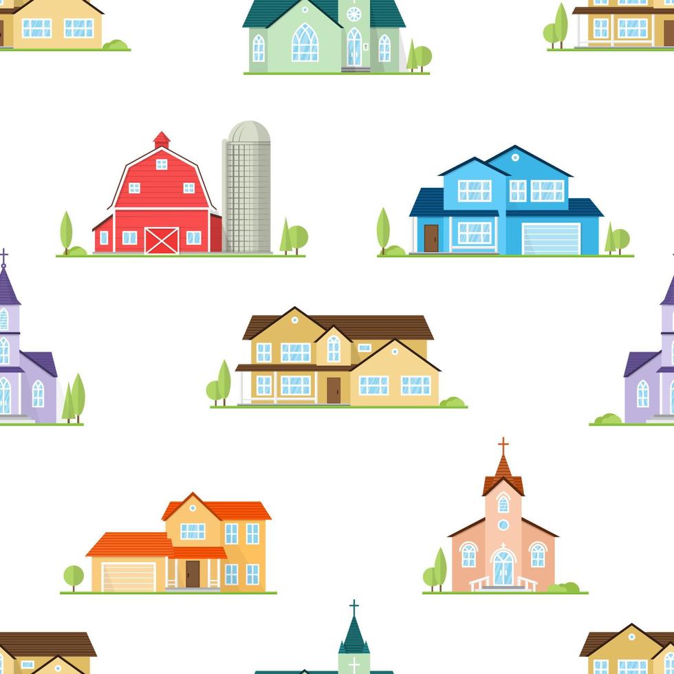 American houses, churches and farm seamless pattern. vector