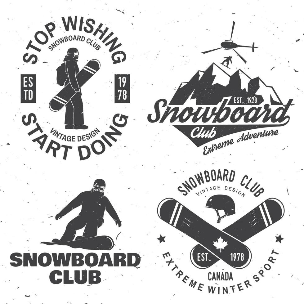 conjunto de insignias del club de snowboard. la vida es mejor en las pistas. vector