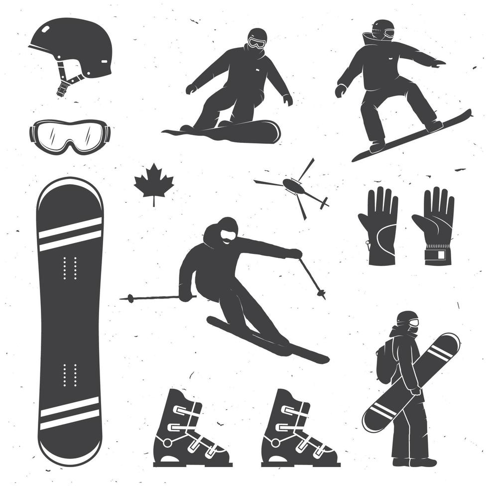 conjunto de equipos de deportes de invierno, siluetas de esquiadores y snowboarders. vector