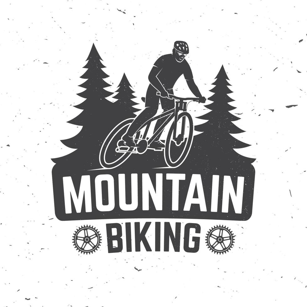 Vintage typography design with man riding bike and forest silhouette. vector