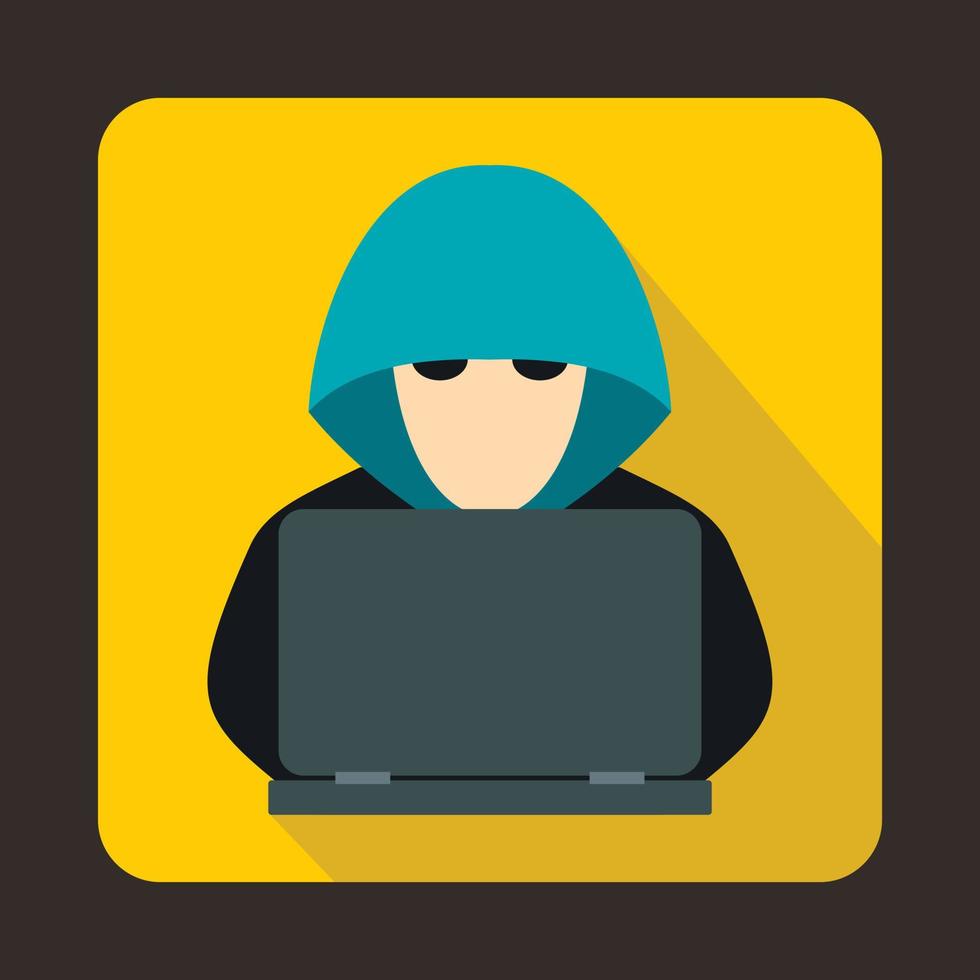 Computer hacker with laptop icon, flat style vector