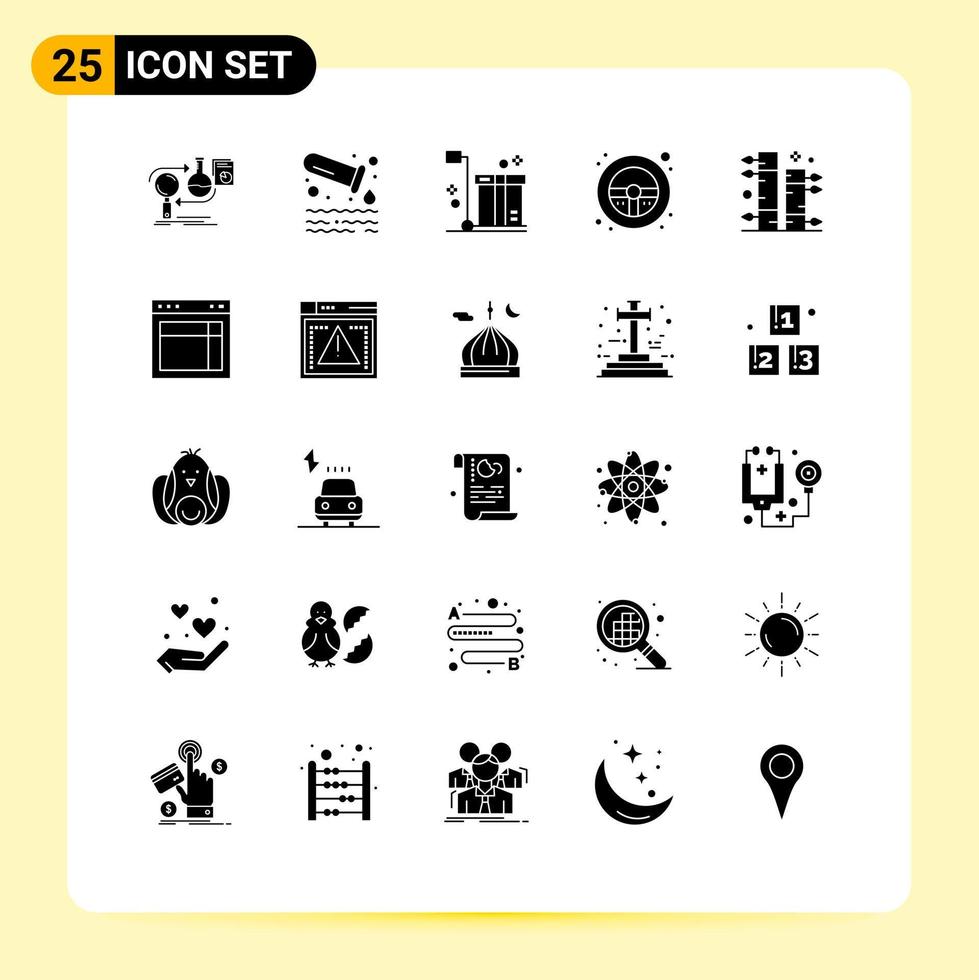 Group of 25 Modern Solid Glyphs Set for wheel steering tube helm packaging Editable Vector Design Elements