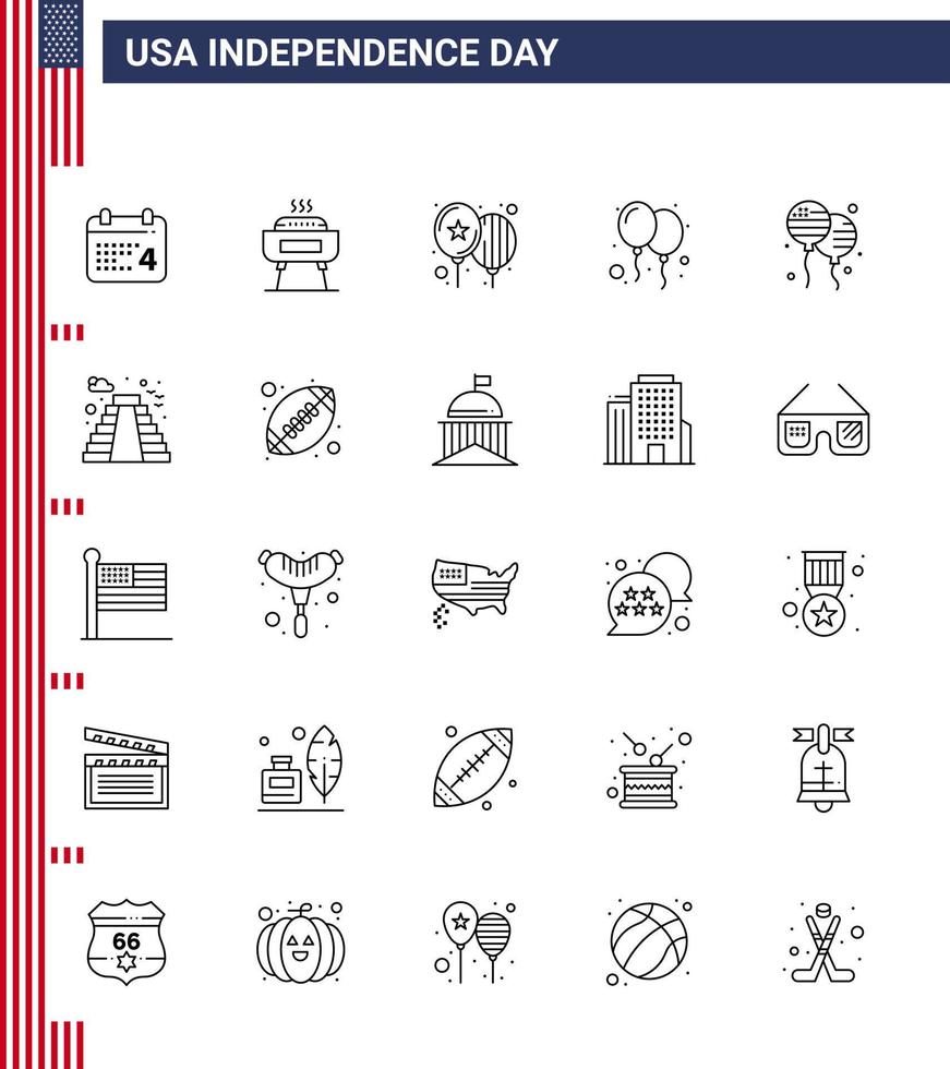 Modern Set of 25 Lines and symbols on USA Independence Day such as building american balloons fly bloon Editable USA Day Vector Design Elements