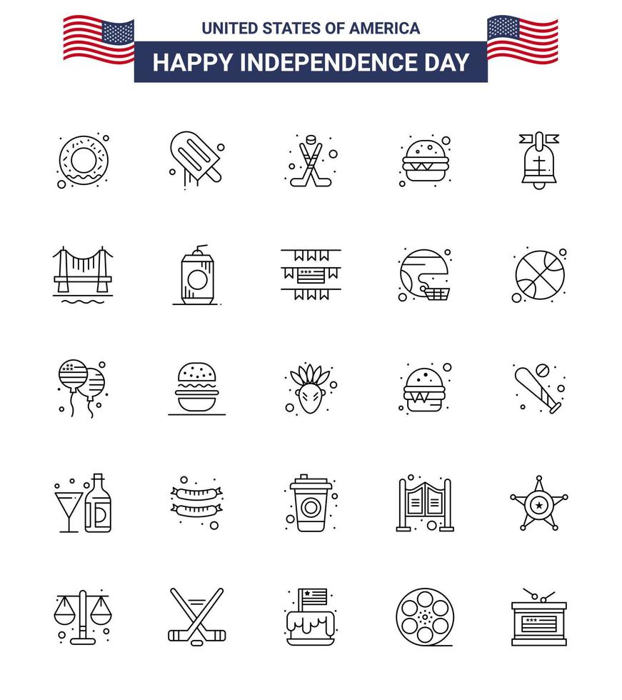 Pack of 25 creative USA Independence Day related Lines of usa ring hokey ball fast food Editable USA Day Vector Design Elements