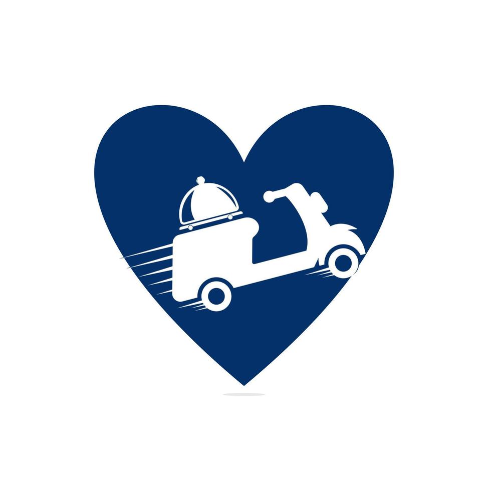 diseño de logotipo de concepto de forma de corazón de entrega de alimentos con scooter retro. vector