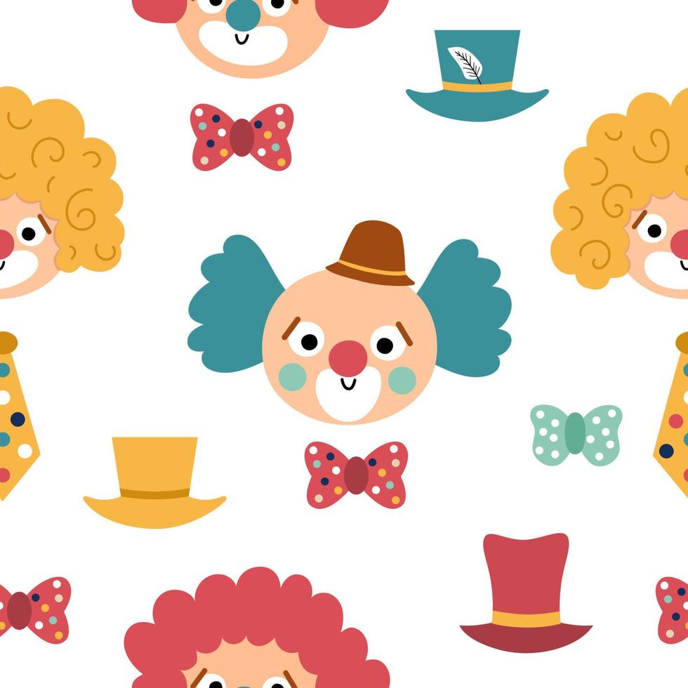 Vector seamless pattern with clown faces. Circus artists avatars repeat background. Amusement holiday digital paper. Cute funny festival texture with street show comedians, bow tie, hat, wig