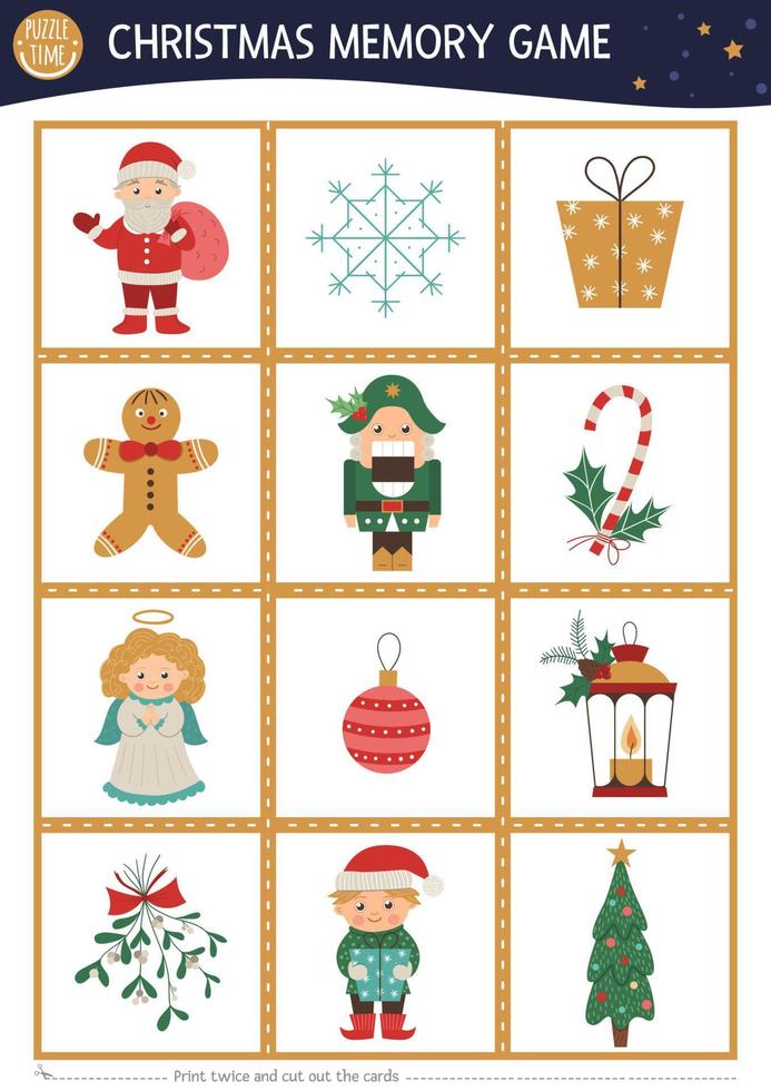 Christmas memory game cards with traditional holiday symbols. Matching activity with funny characters. Remember and find correct card. Simple winter printable worksheet for kids. vector