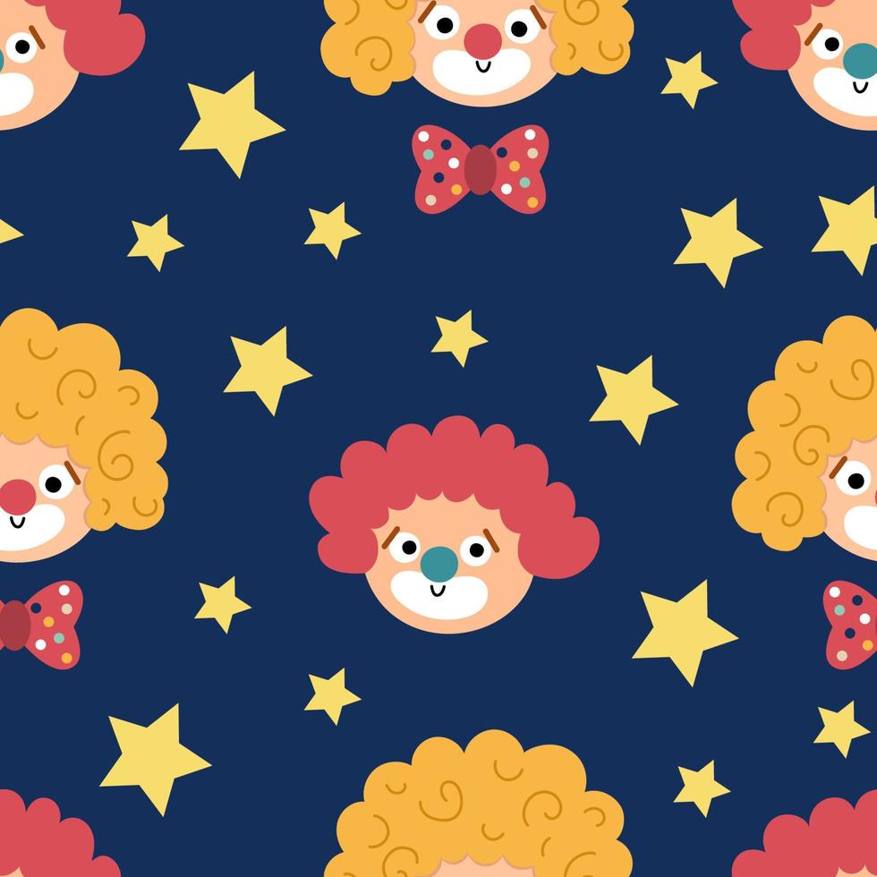 Vector seamless pattern with clown faces and stars. Circus artist avatars repeat background. Amusement holiday digital paper. Cute funny festival texture with street show comedians