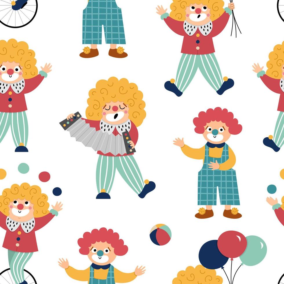 Vector seamless pattern with clowns. Circus artists repeat background. Amusement holiday digital paper. Cute funny festival or street show comedians texture