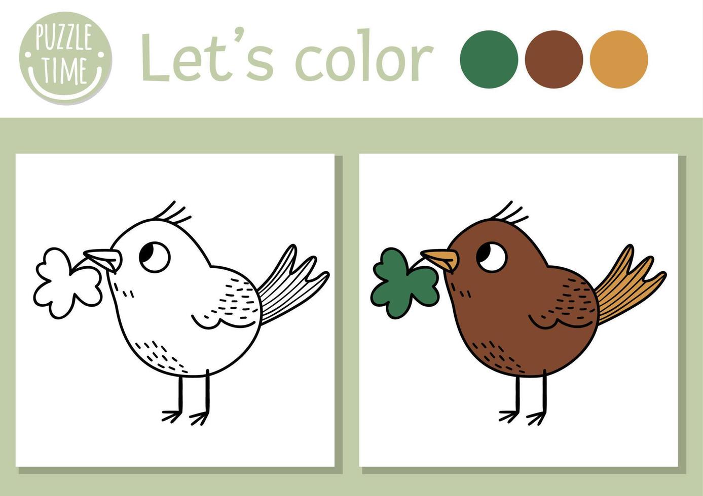 dibujo de san patricio para colorear para niños. lindo pájaro divertido con trébol en pico. ilustración de animales de bosque de contorno vectorial. libro de color de vacaciones de primavera celta para niños con ejemplo de color vector