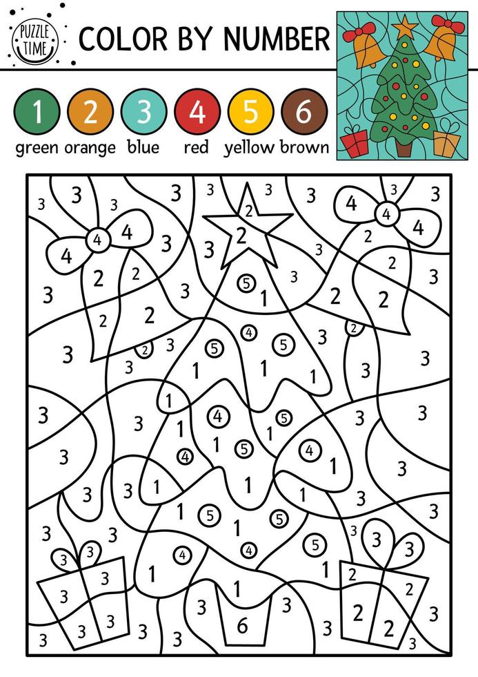 Vector Christmas color by number activity with fir tree, bells, gift boxes. Winter holiday coloring and counting game with cute plant. Funny New Year coloration page for kids.