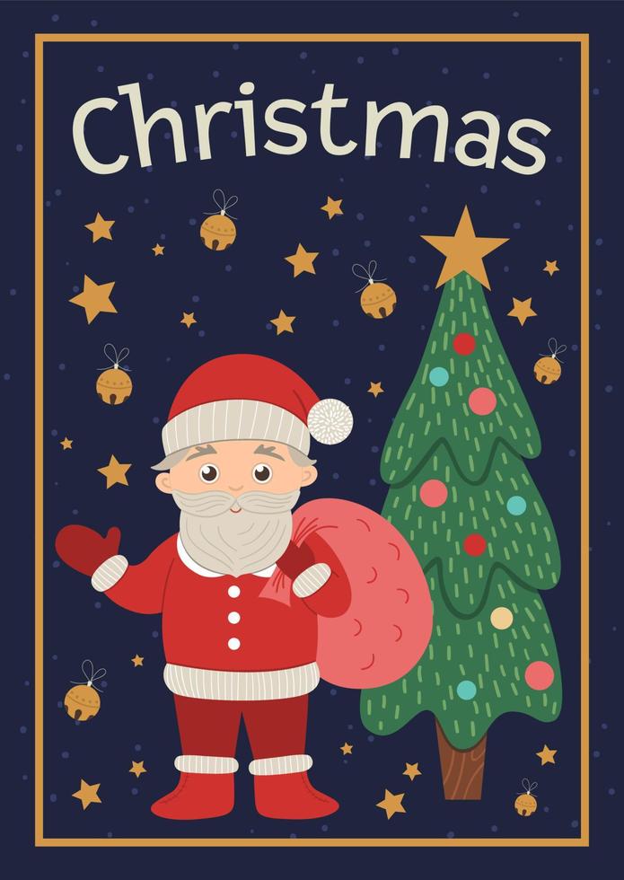 Vector Christmas card with cute Santa Claus, fir tree. Funny Christmas background or book cover with Father Frost. Flat New Year vertical illustration for children.