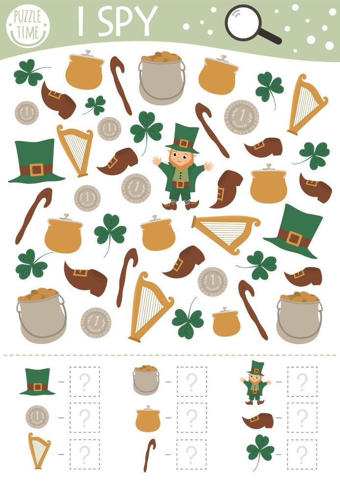 Saint patrick i spy juego para niños. actividad de búsqueda y conteo para niños en edad preescolar con objetos tradicionales irlandeses de vacaciones. divertida hoja de trabajo imprimible para niños. simple rompecabezas de localización de vacaciones. vector