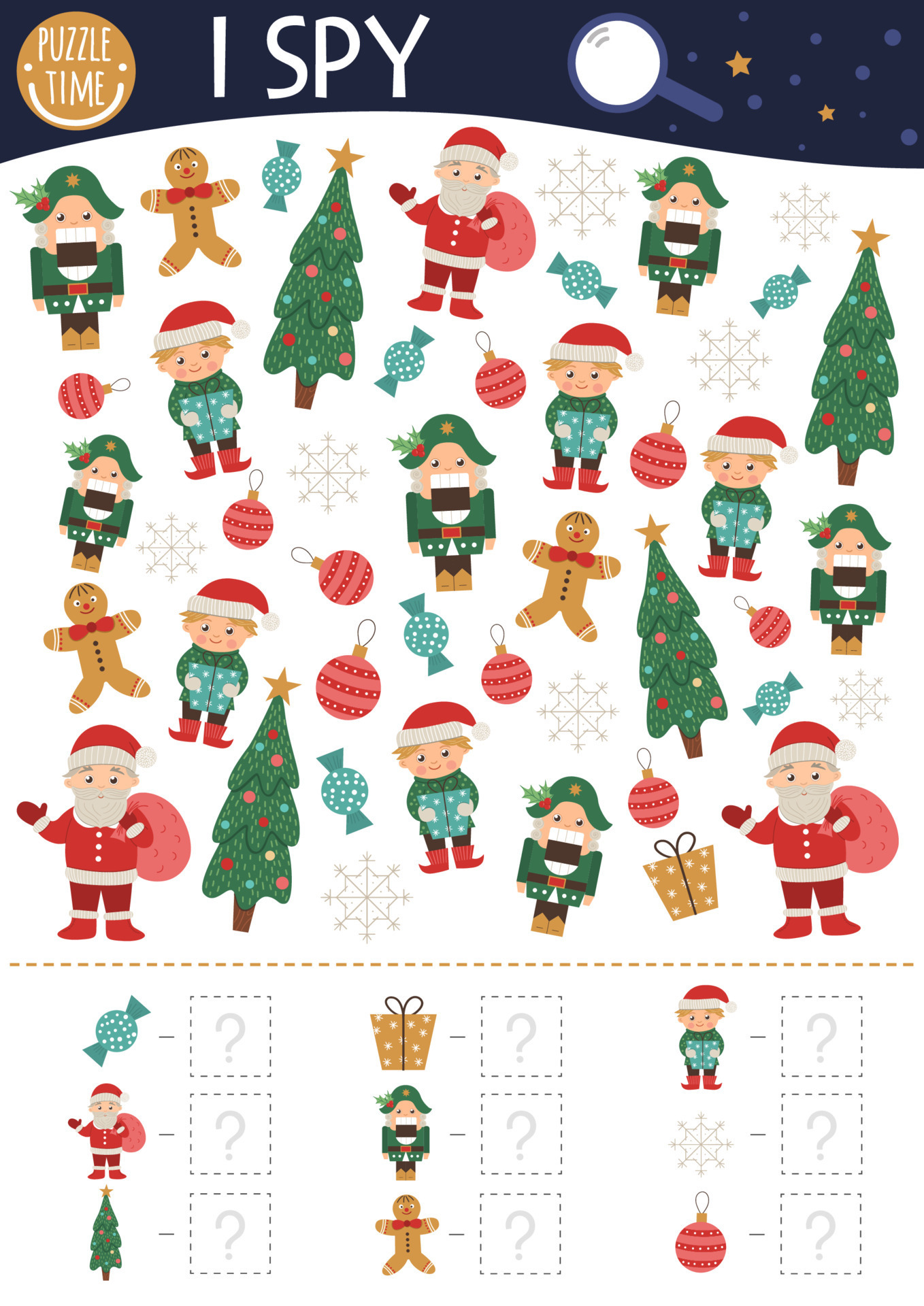 Christmas I spy game for kids. Searching and counting activity for