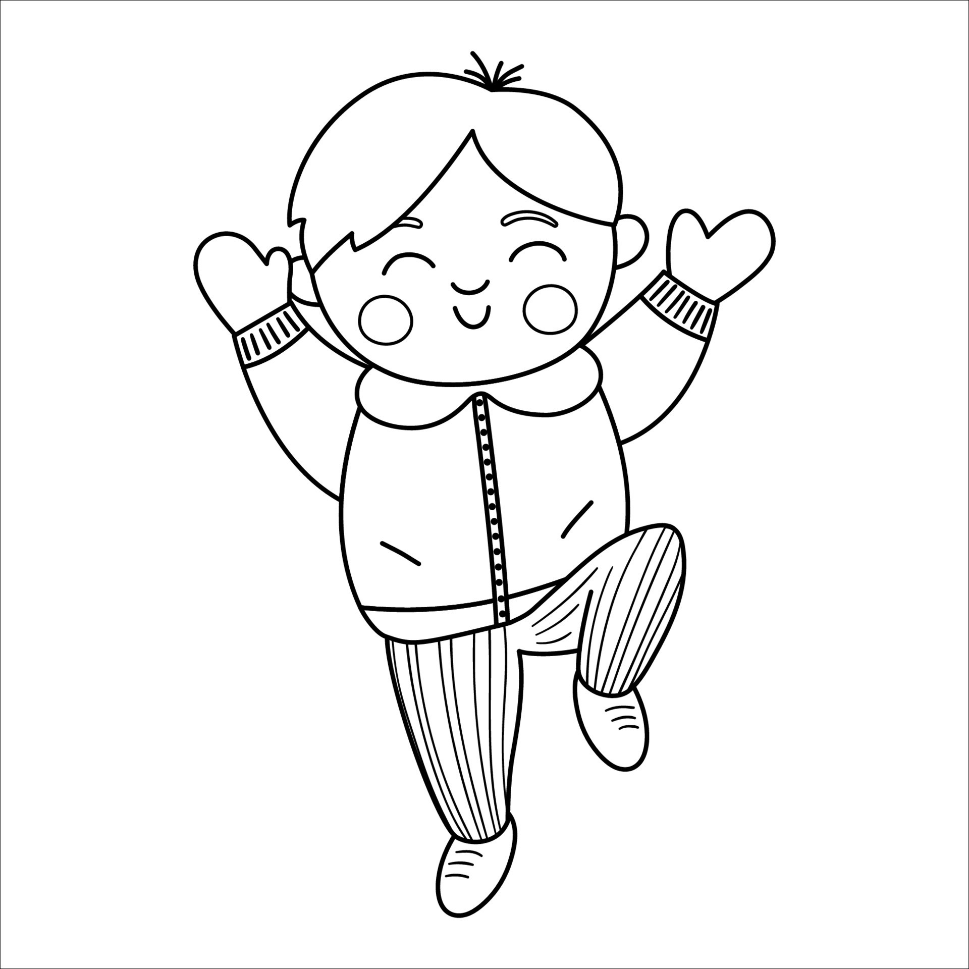 Vector black and white happy boy jumping with joy. Cute winter kid line