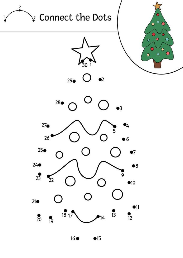 Vector Christmas dot-to-dot and color activity with cute fir tree. Winter holiday connect the dots game for children. Funny coloring page for kids with traditional New Year symbol.