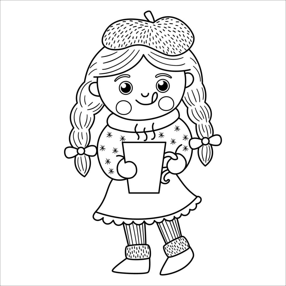 Vector black and white happy girl with long hair in plaits holding a mug with hot drink. Cute winter kid illustration or coloring page. Funny outline icon for Christmas, New Year, winter design